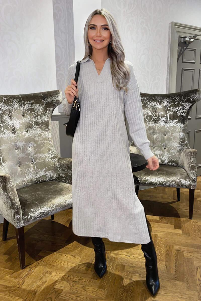 Ax Paris Grey Knit Long Sleeve Collared Midi Dress