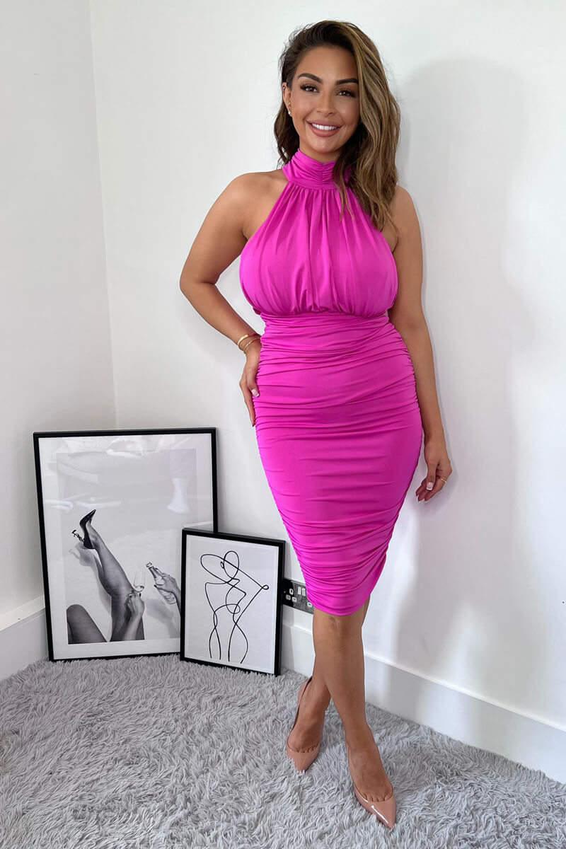 ax paris Hot Pink Ruched High Neck Midi Dress