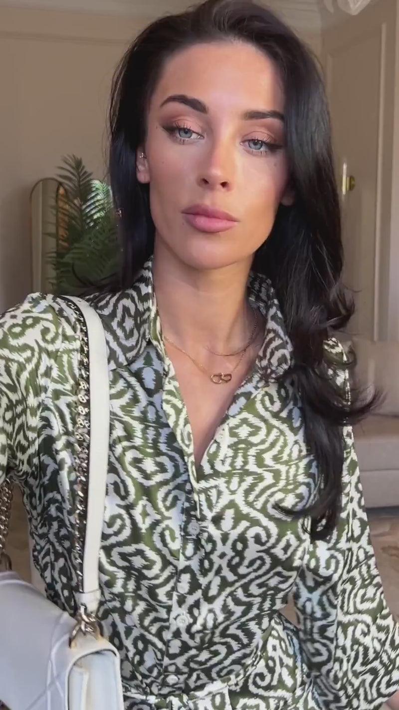 Ax Paris Khaki And Cream Print Shirt Midi Dress