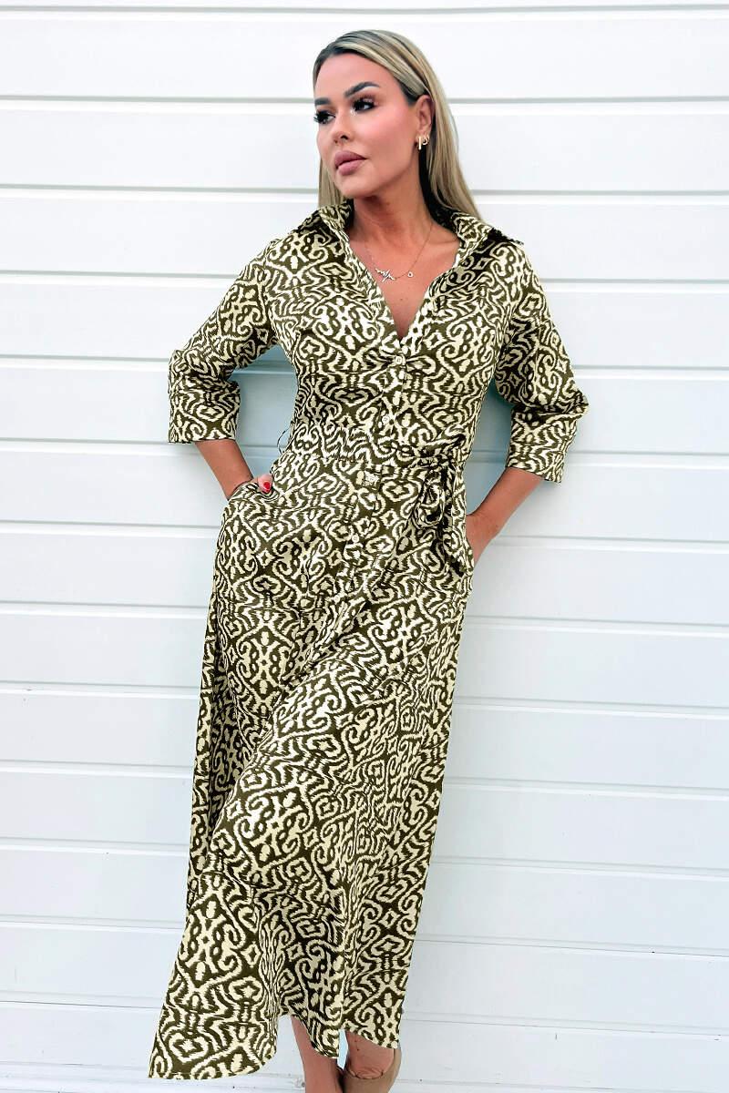 Ax Paris Khaki And Cream Print Shirt Midi Dress