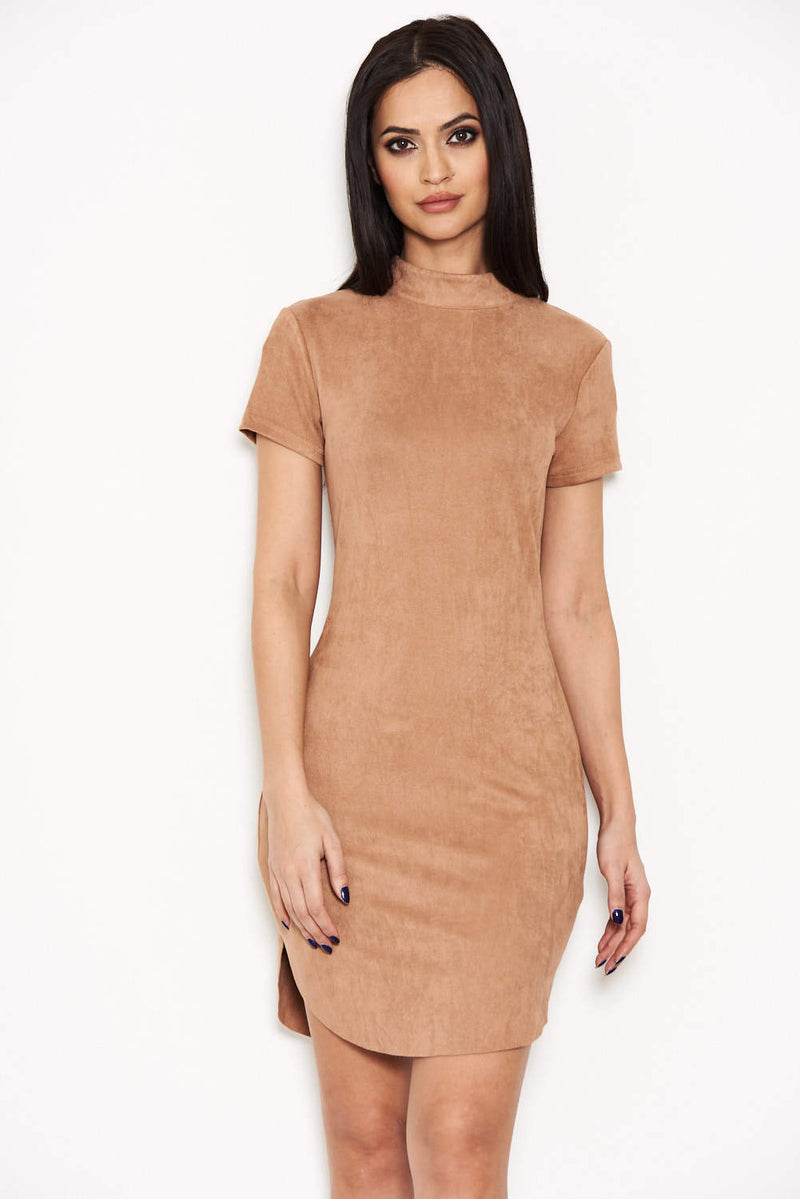 Ax Paris Mink Faux Suede Mini Dress With High Neck