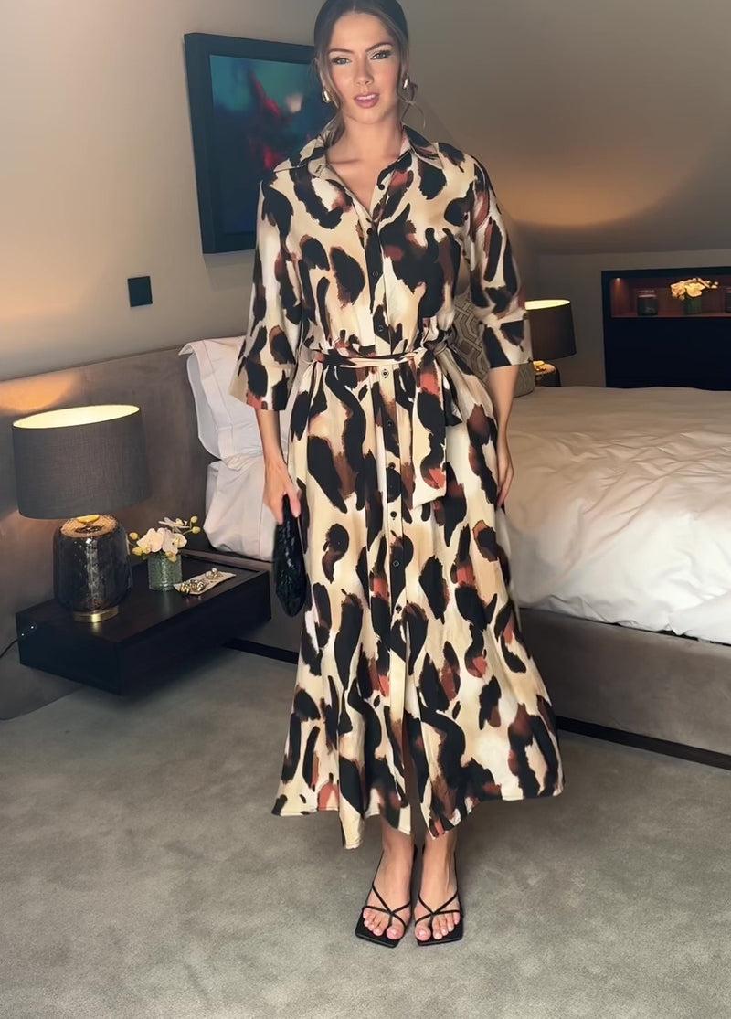 Ax Paris Multi Leopard Print Shirt Midi Dress