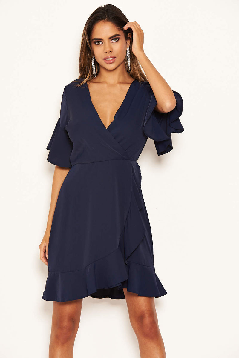 Ax Paris Navy Frill Sleeve Wrap Mini Dress