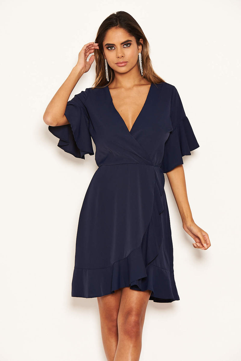 Ax Paris Navy Frill Sleeve Wrap Mini Dress