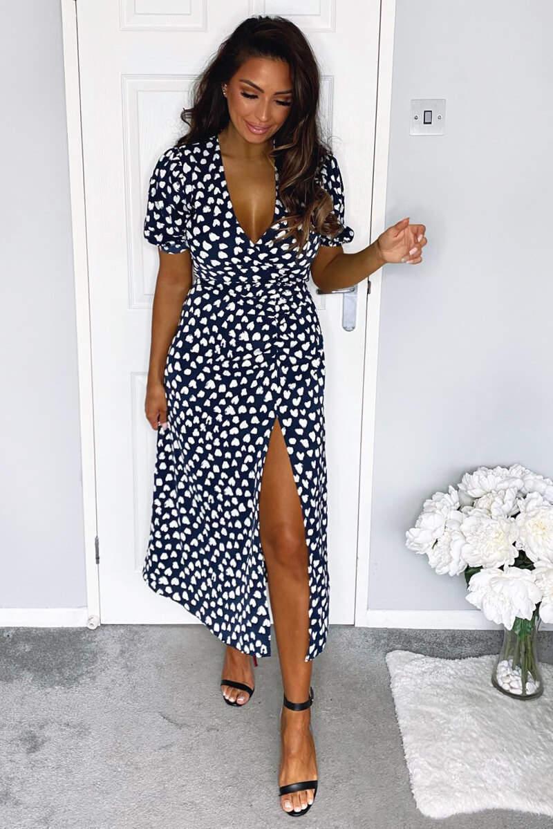 Ax Paris Navy Heart Print Short Sleeve Midi Dress