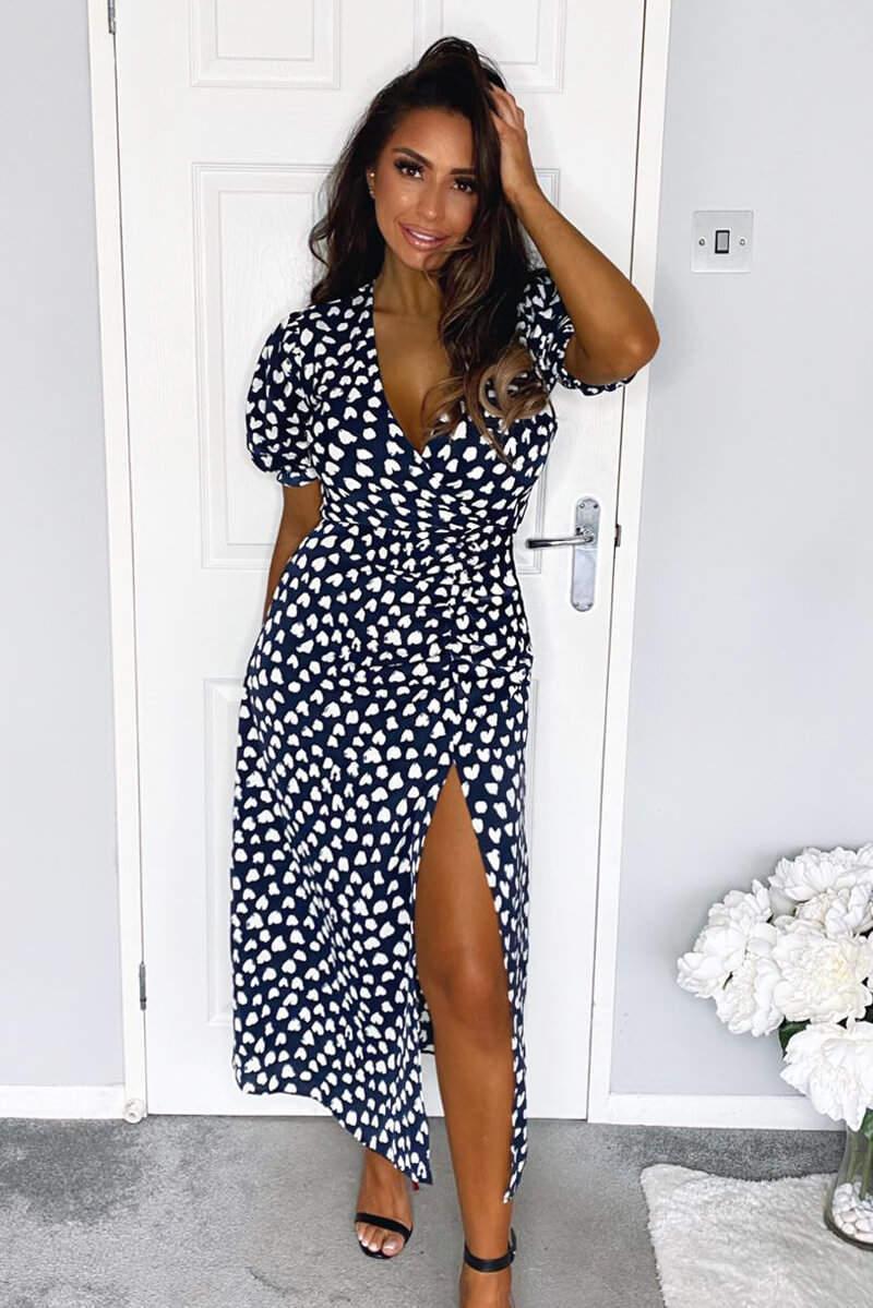 ax paris Navy Heart Print Short Sleeve Midi Dress