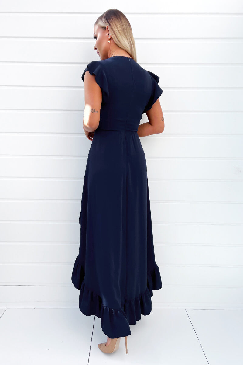 Ax Paris Navy High Low Frill Hem V Neck Midi Dress