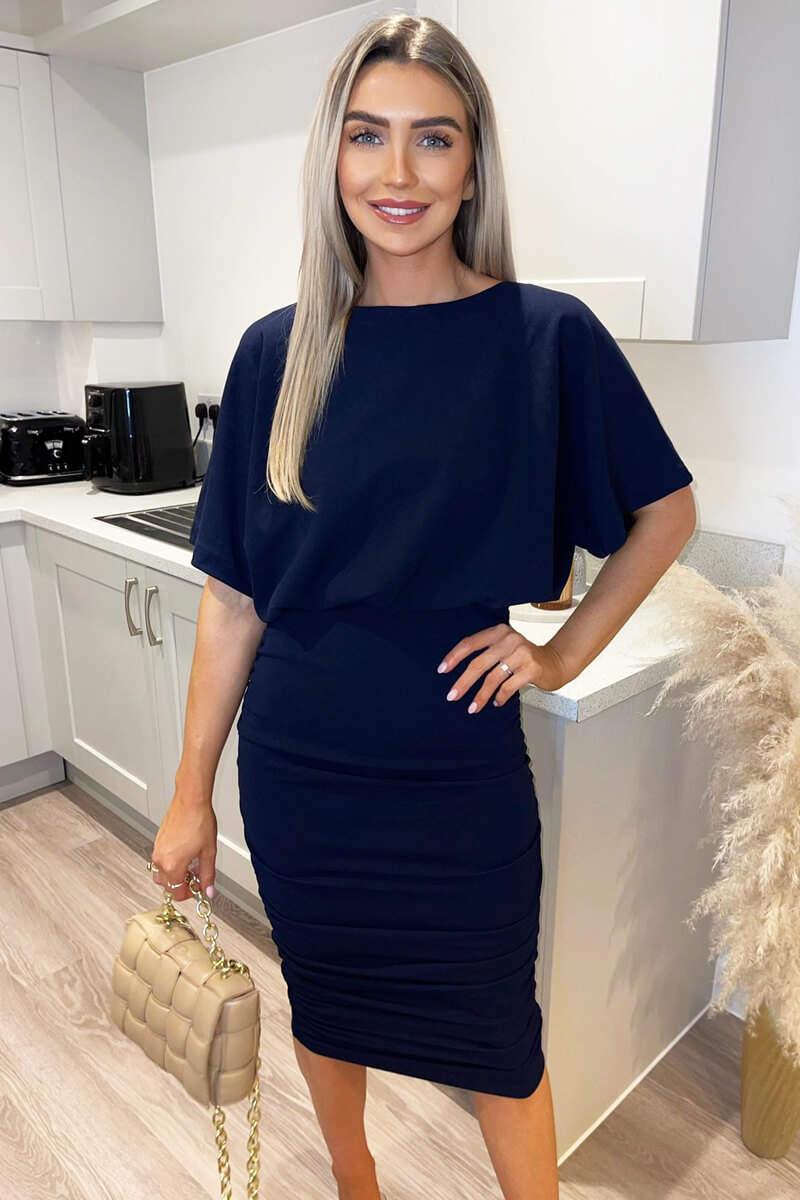 Ax Paris Navy Short Sleeve Side Ruched Midi Dress