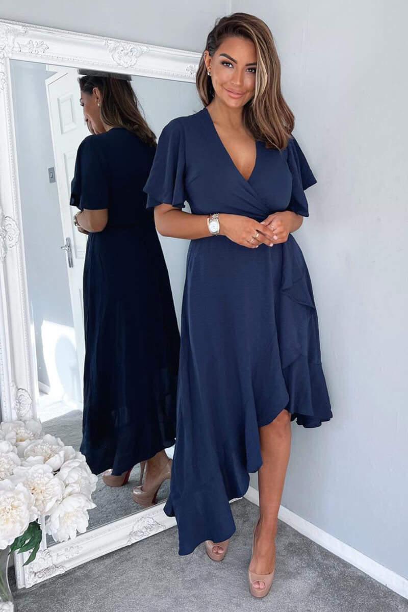 Ax Paris Navy Wrap Over Top Frill Hem Midi Dress