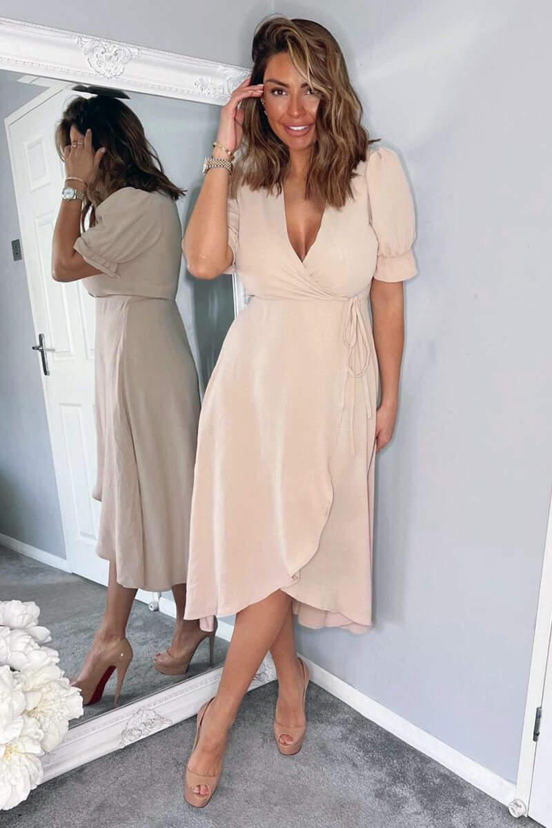 Ax Paris Nude Wrap Side Tie Midi Dress