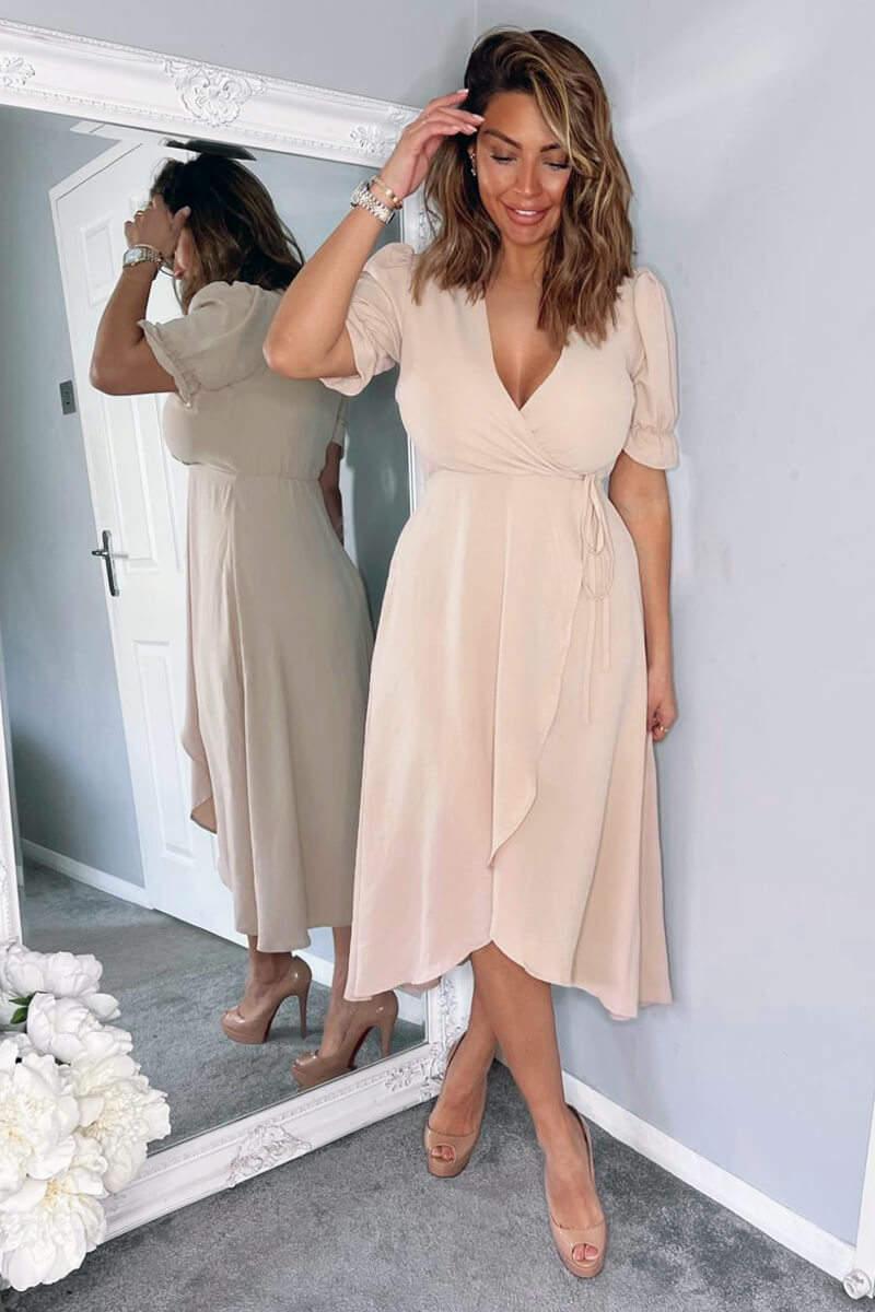 Ax Paris Nude Wrap Side Tie Midi Dress