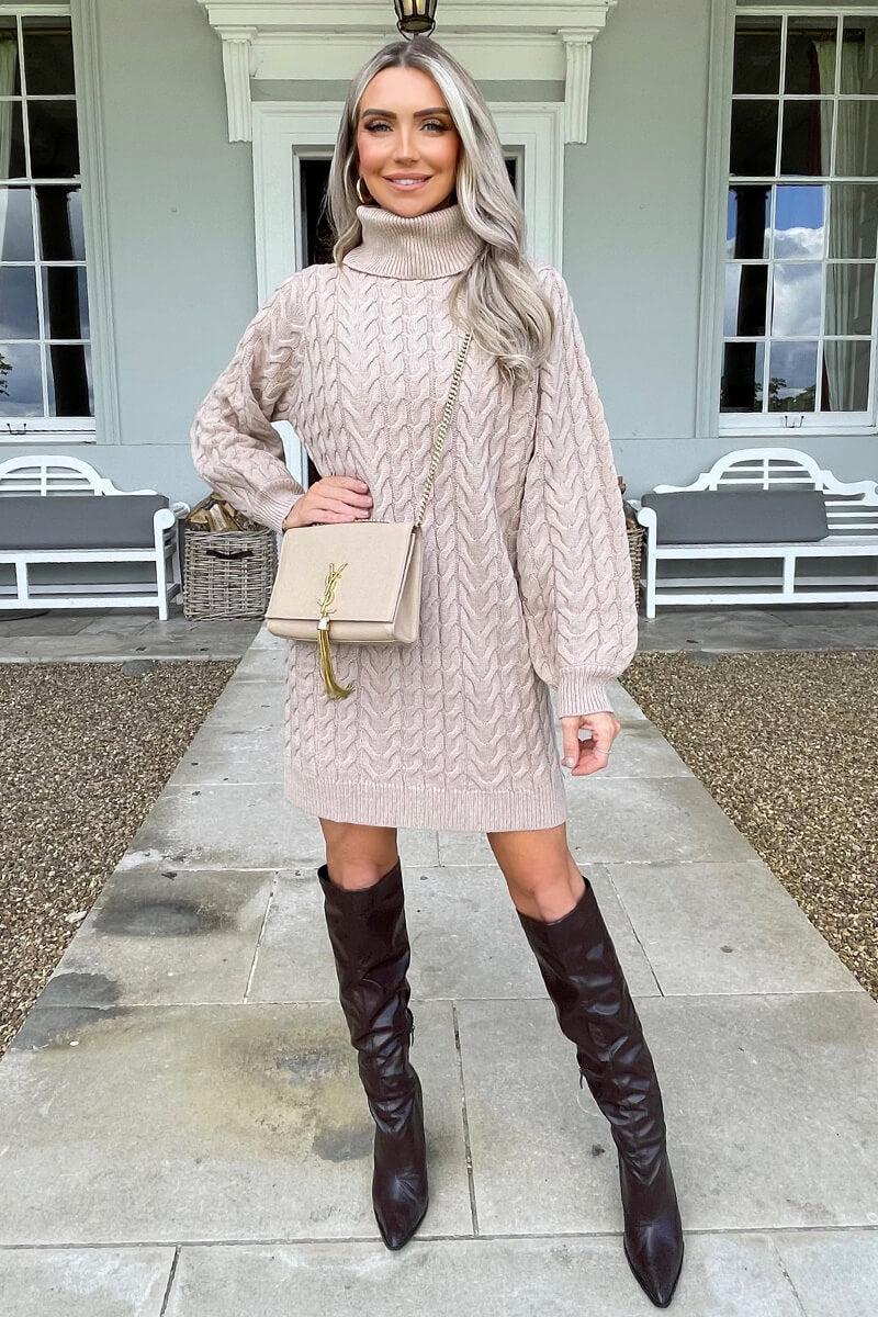 Ax Paris Oatmeal Roll Neck Cable Knit Dress