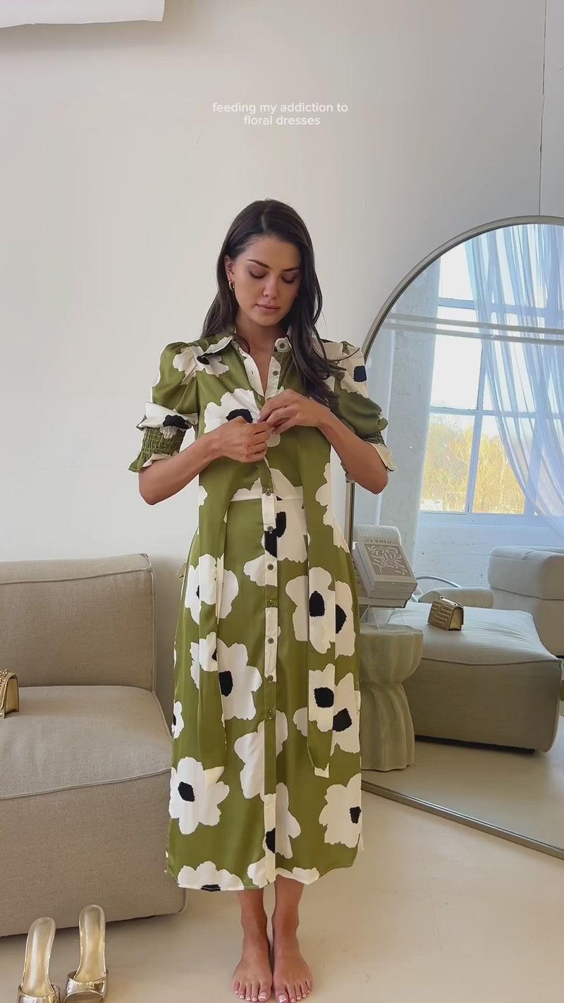 Ax Paris Olive Bold Floral Print Midi Shirt Dress