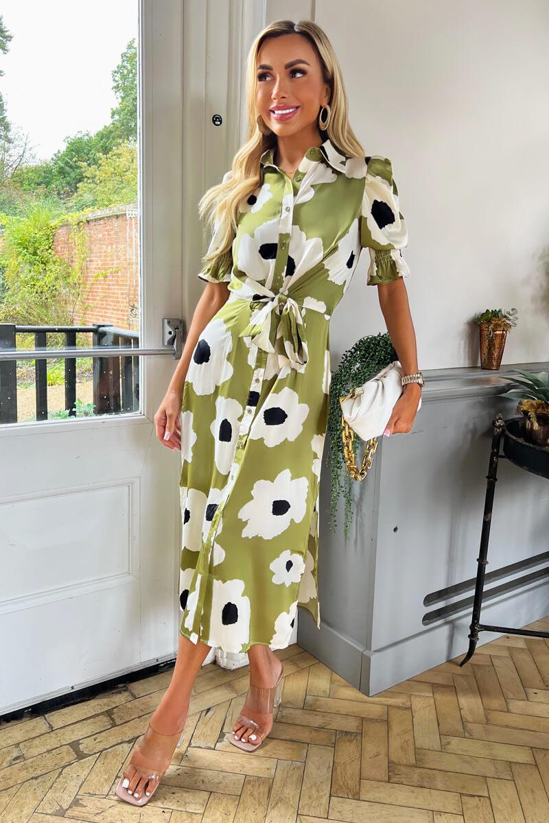 Ax Paris Olive Bold Floral Print Midi Shirt Dress