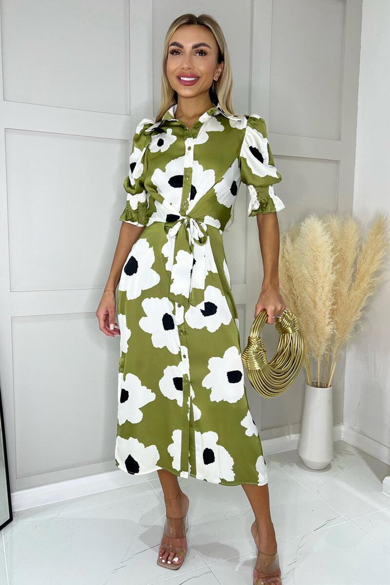 Ax Paris Olive Bold Floral Print Midi Shirt Dress