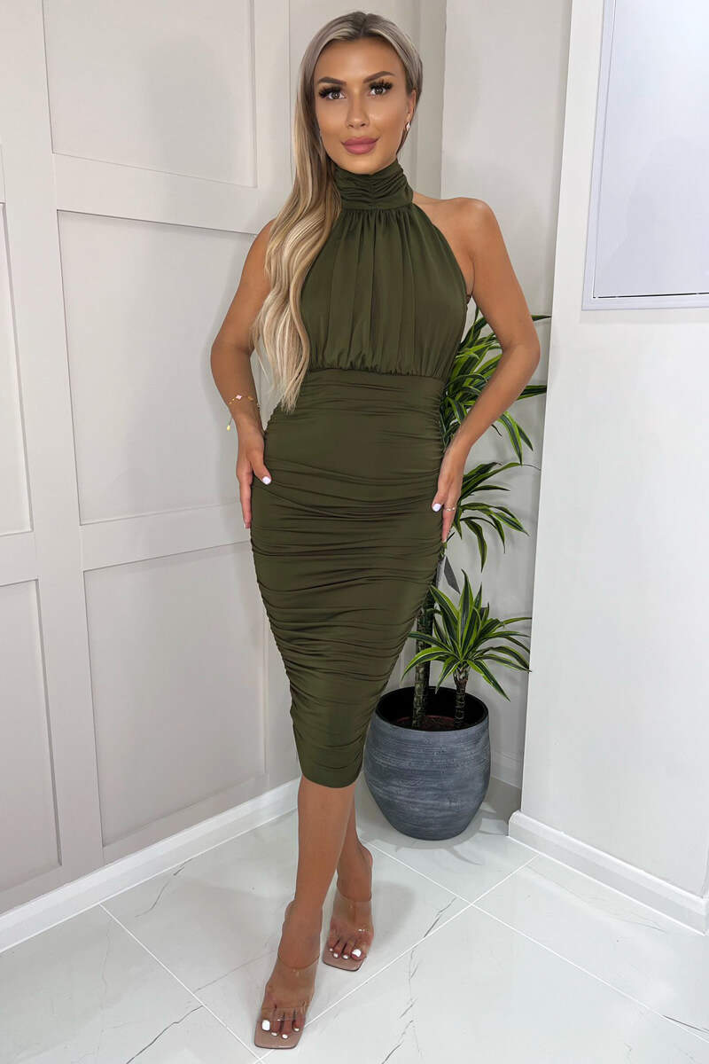 ax paris Olive Ruched High Neck Midi Dress