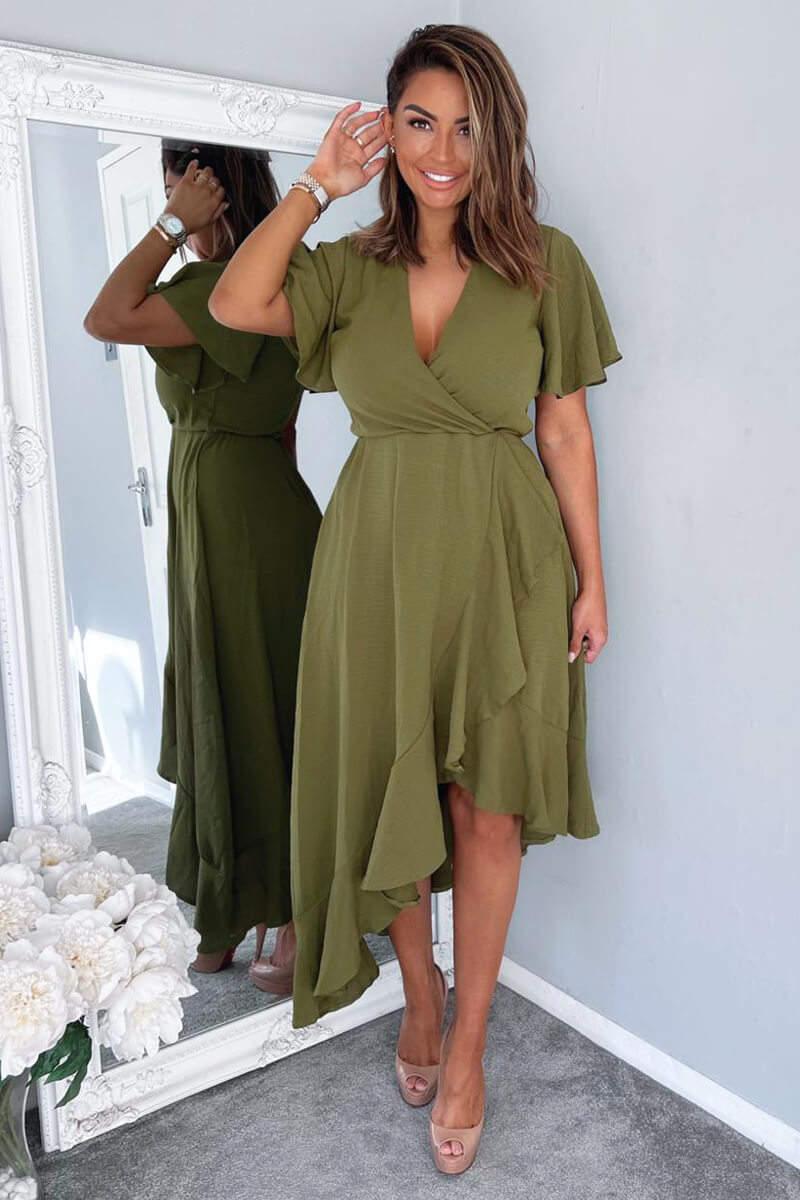 Ax Paris Olive Wrap Over Top Frill Hem Midi Dress