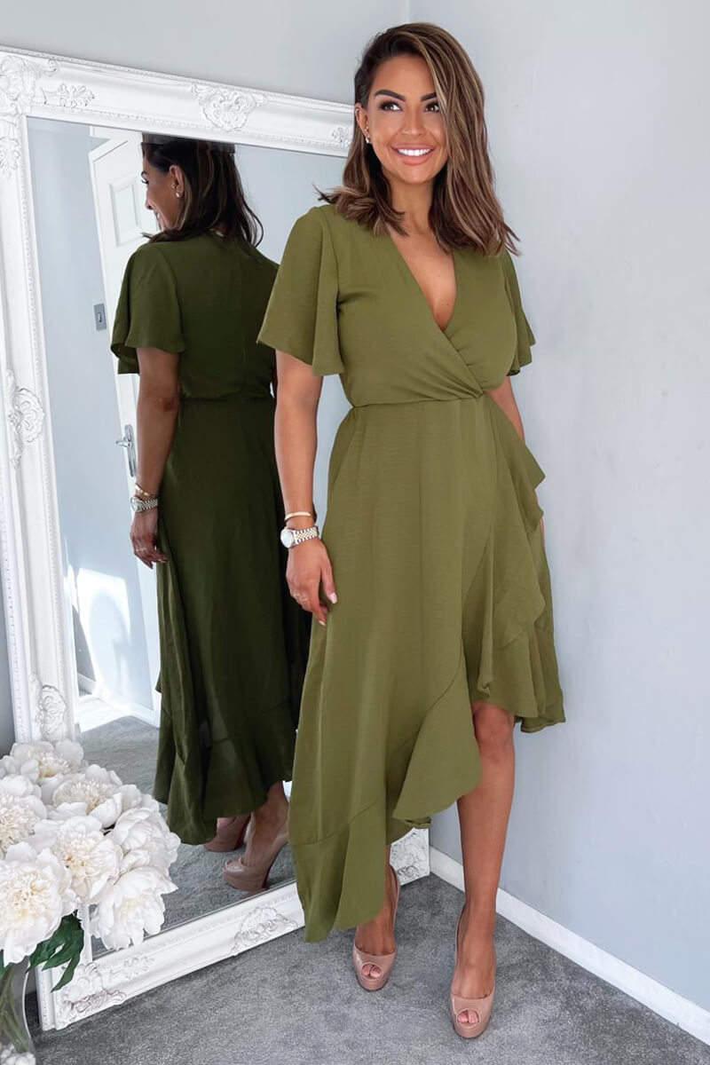 Ax Paris Olive Wrap Over Top Frill Hem Midi Dress