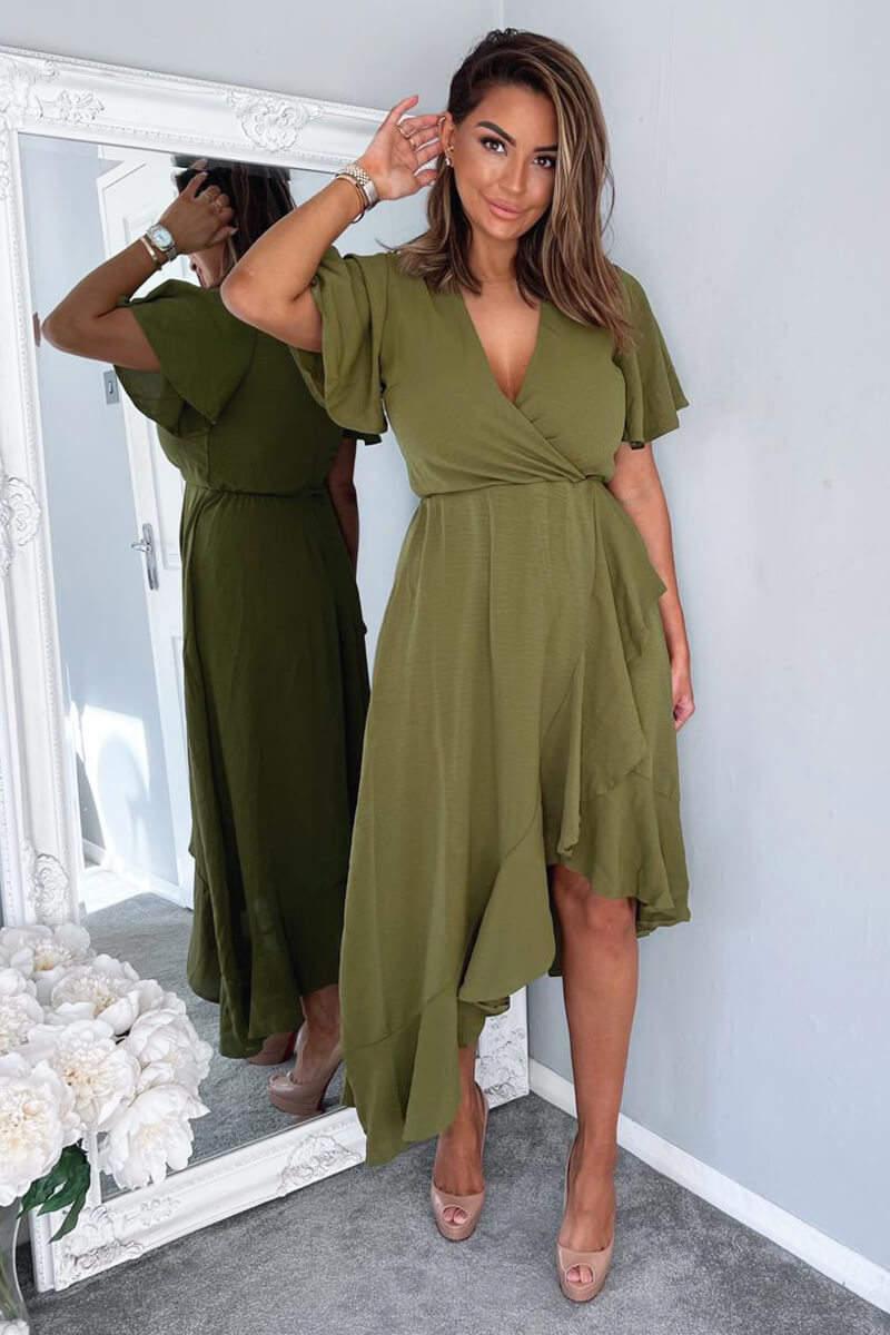 Ax Paris Olive Wrap Over Top Frill Hem Midi Dress