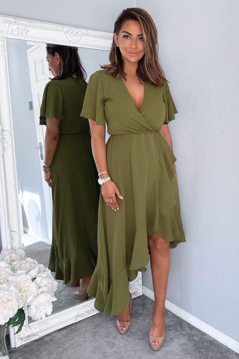 ax paris Olive Wrap Over Top Frill Hem Midi Dress