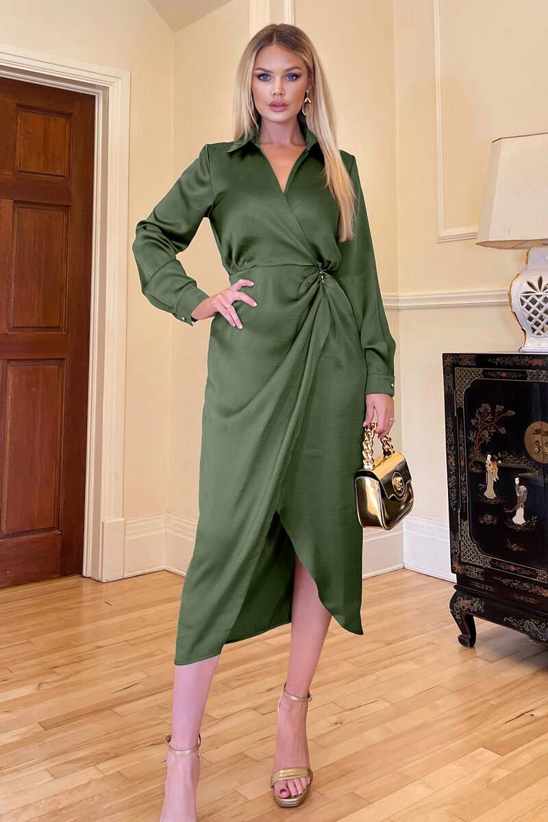 Ax Paris Olive Wrap Satin Shirt Midi Dress