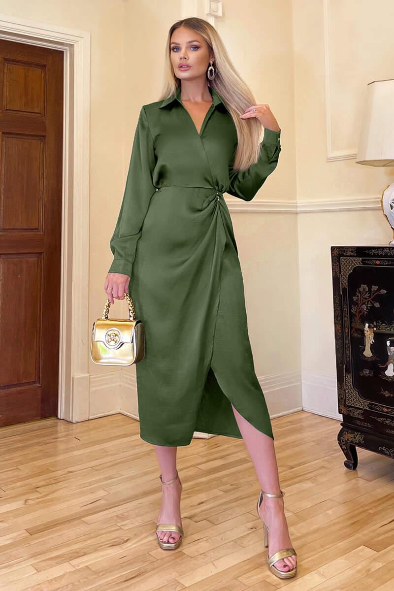 Ax Paris Olive Wrap Satin Shirt Midi Dress