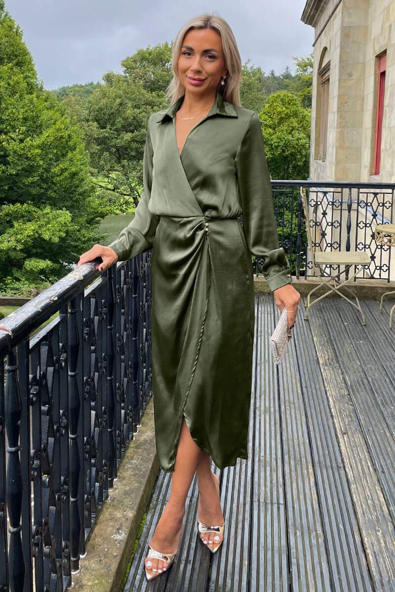 ax paris Olive Wrap Satin Shirt Midi Dress