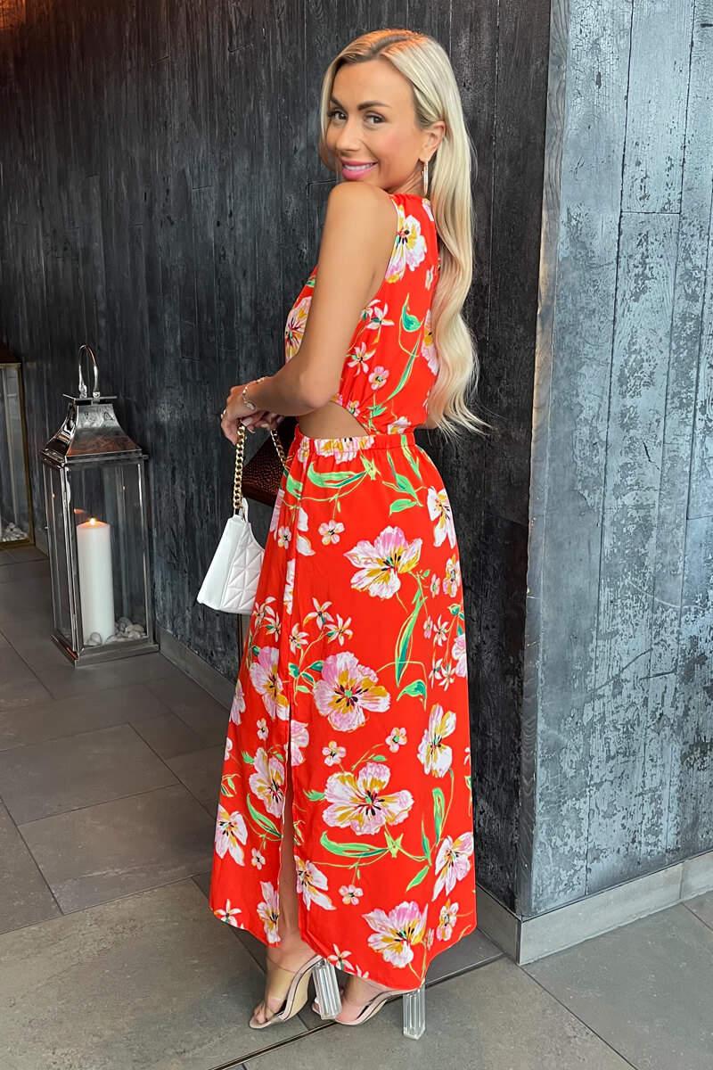 Ax Paris Orange Floral Cut Out Waist Midi Dress