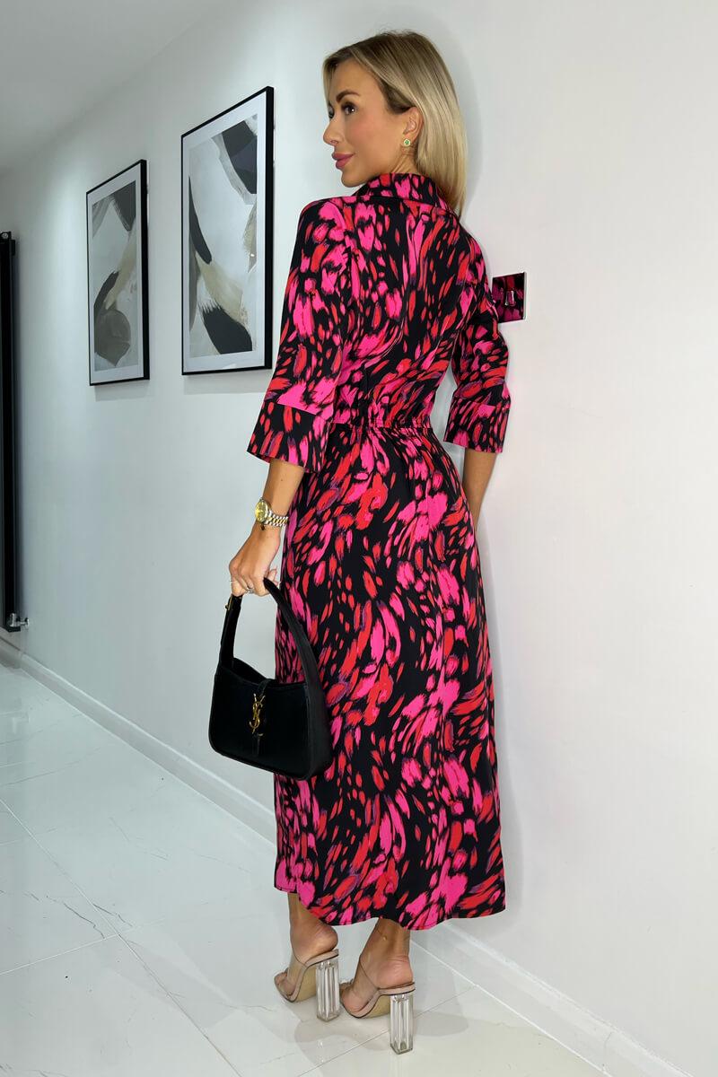 Ax Paris Pink And Red Printed Shirt Midi Dress