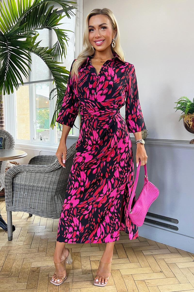 ax paris Pink And Red Printed Shirt Midi Dress