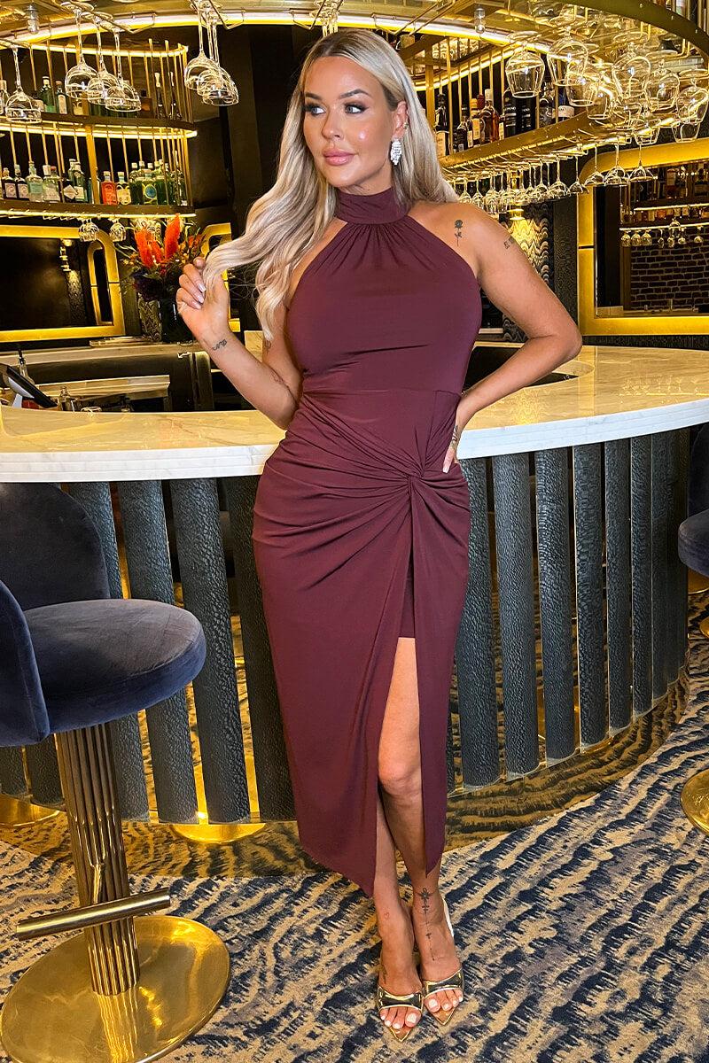 Ax Paris Plum Halter Neck Knot Skirt Midi Dress