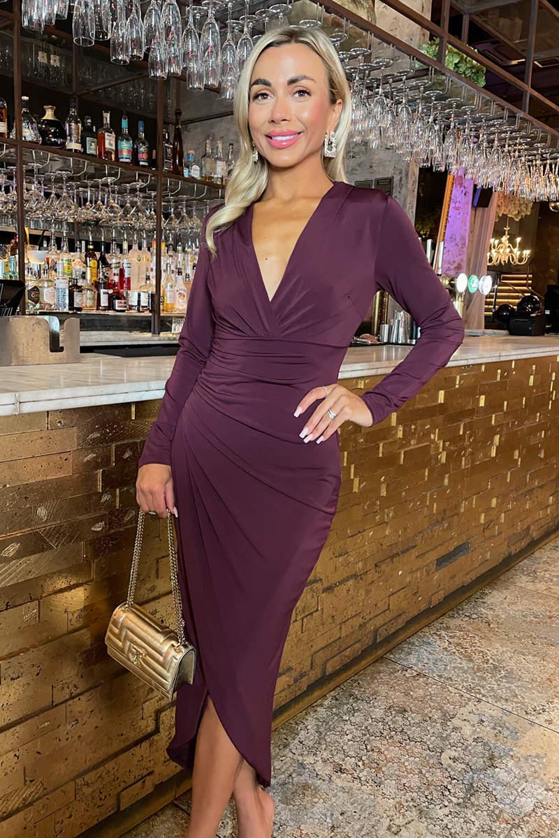 Ax Paris Plum Long Sleeve Wrap Midi Dress