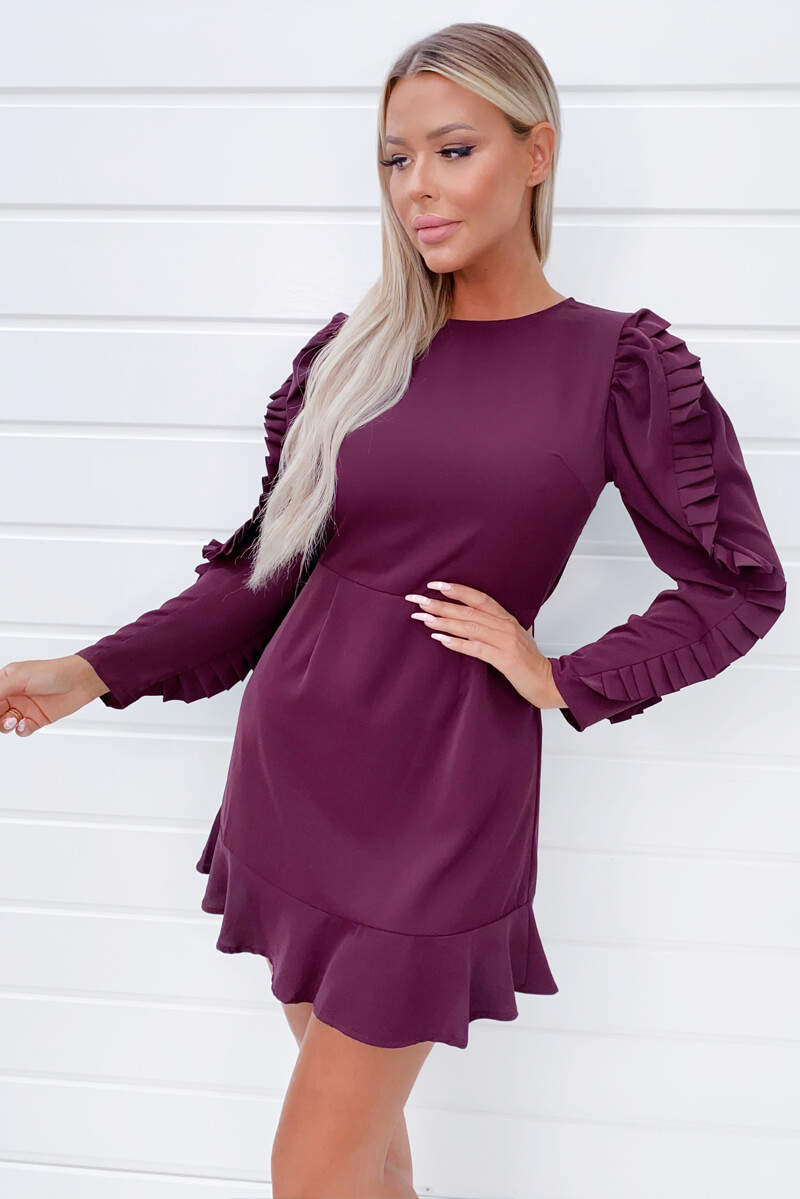 Ax Paris Plum Pleated Long Sleeve Skater Dress
