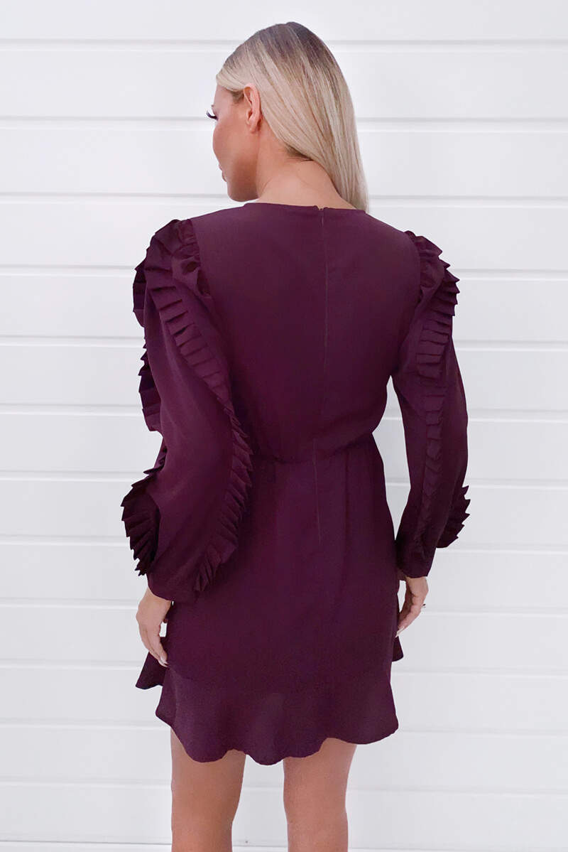 Ax Paris Plum Pleated Long Sleeve Skater Dress