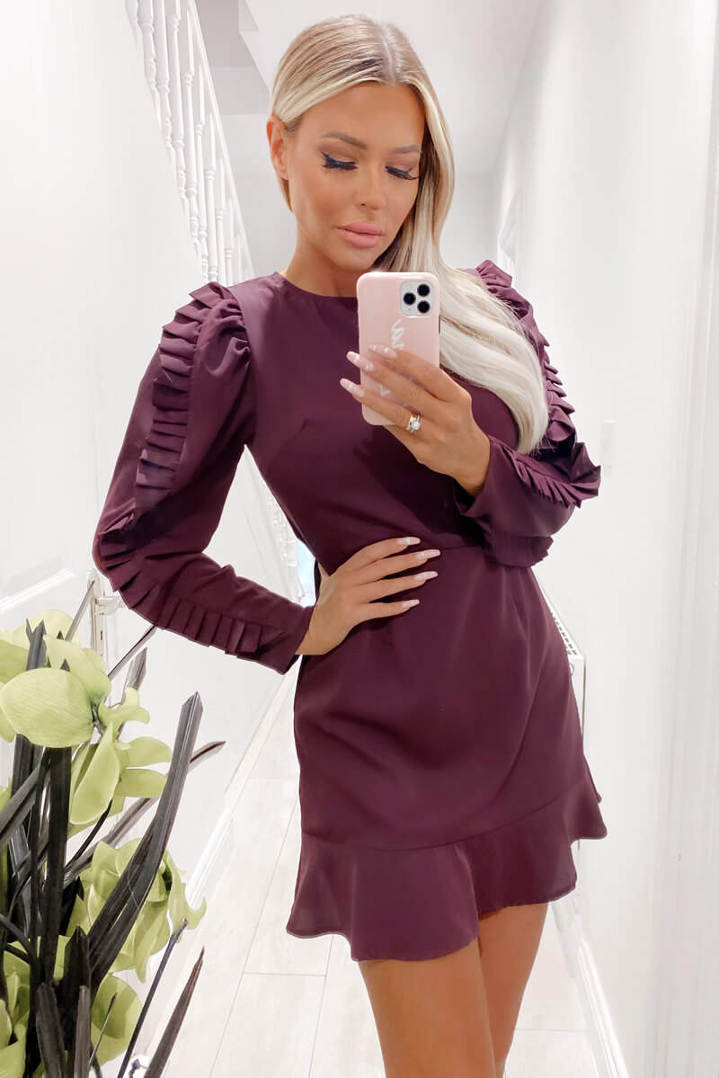 ax paris Plum Pleated Long Sleeve Skater Dress