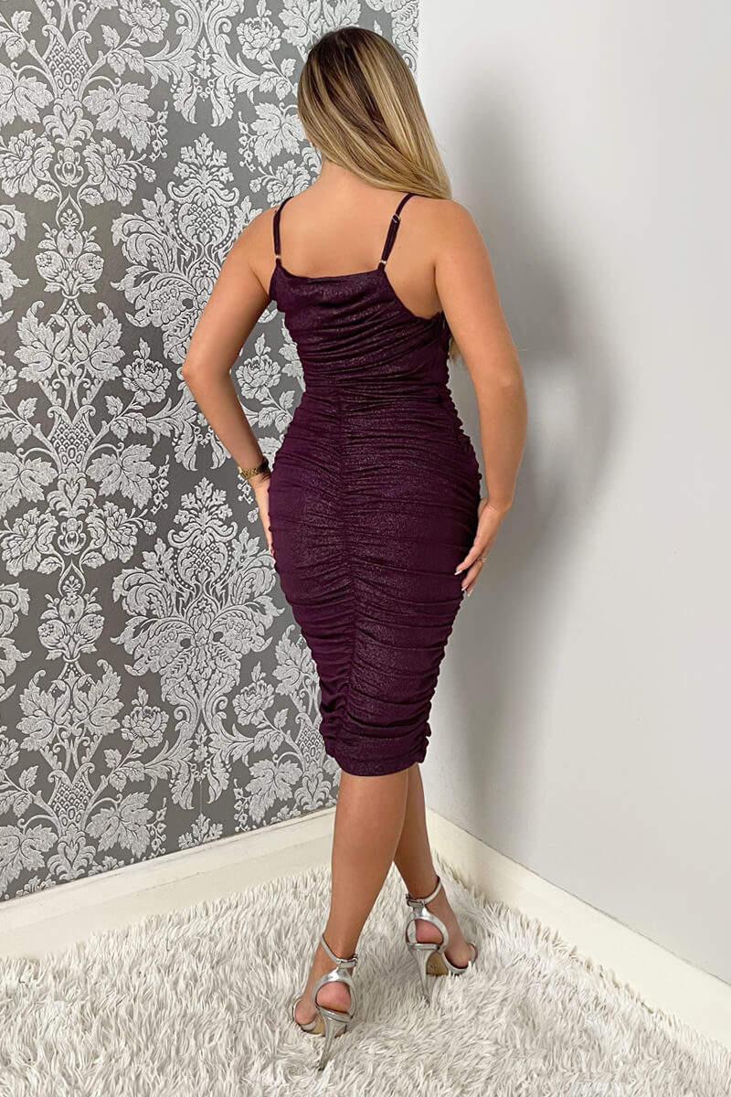 Ax Paris Plum Ruched Bodycon Shimmer Midi Dress