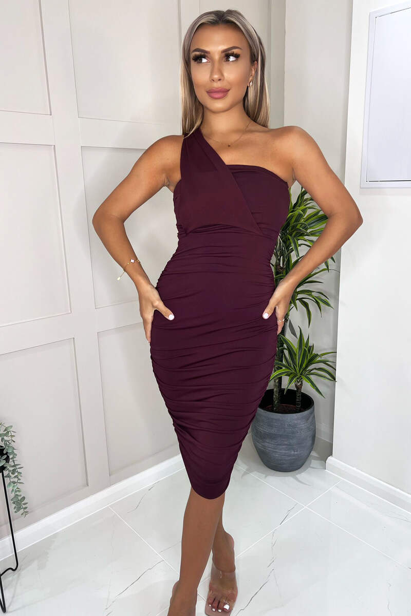 Ax Paris Plum Shoulder Ruched Bodycon Midi Dress