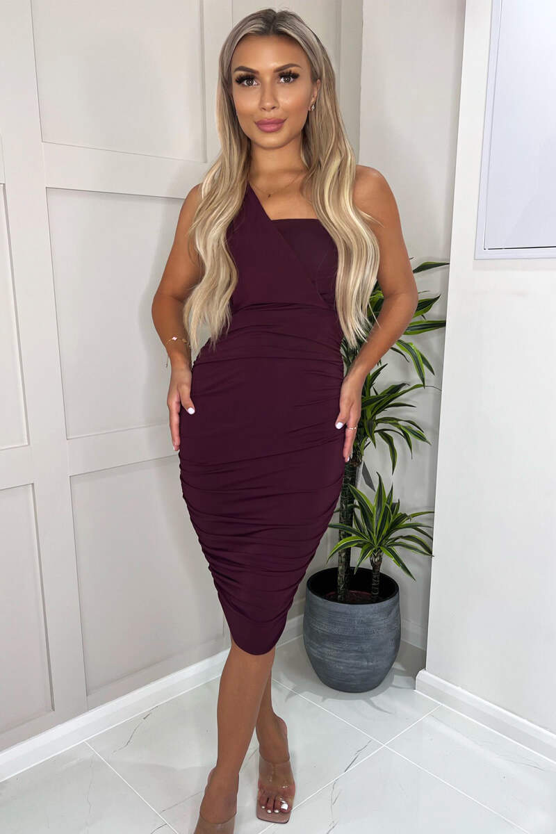 ax paris Plum Shoulder Ruched Bodycon Midi Dress