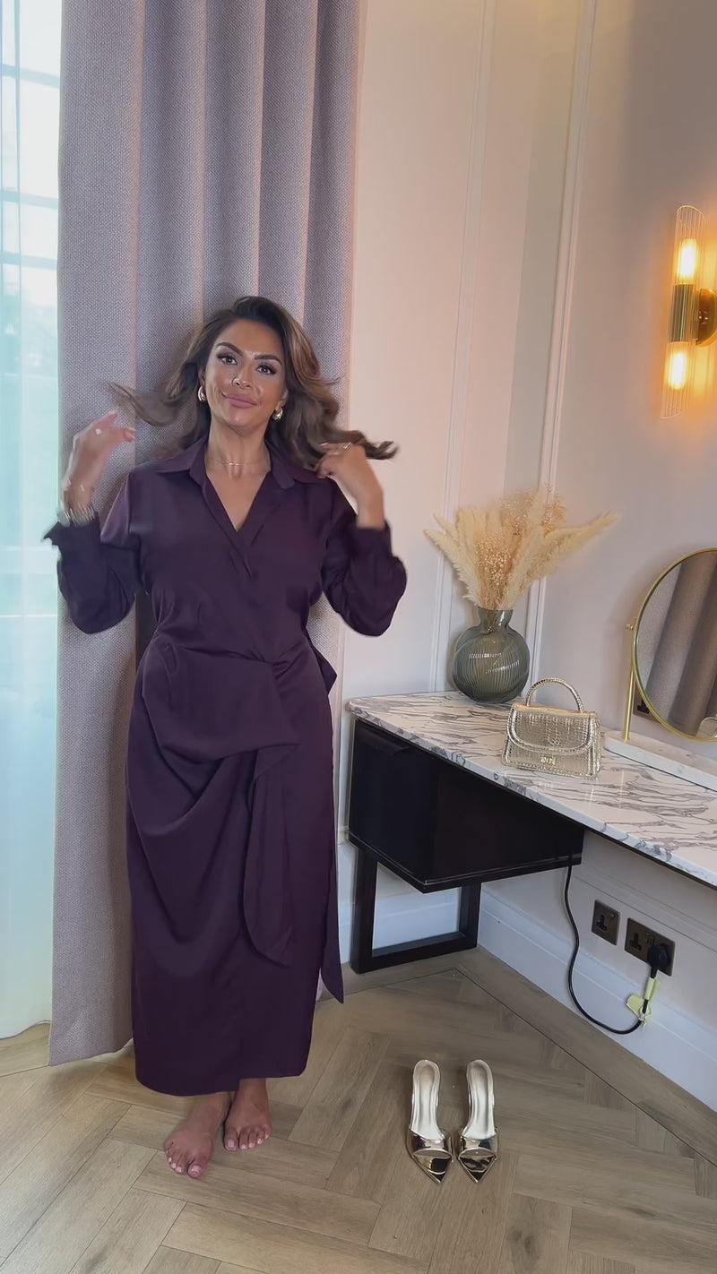Ax Paris Plum Side Tie Waist Wrap Midi Dress