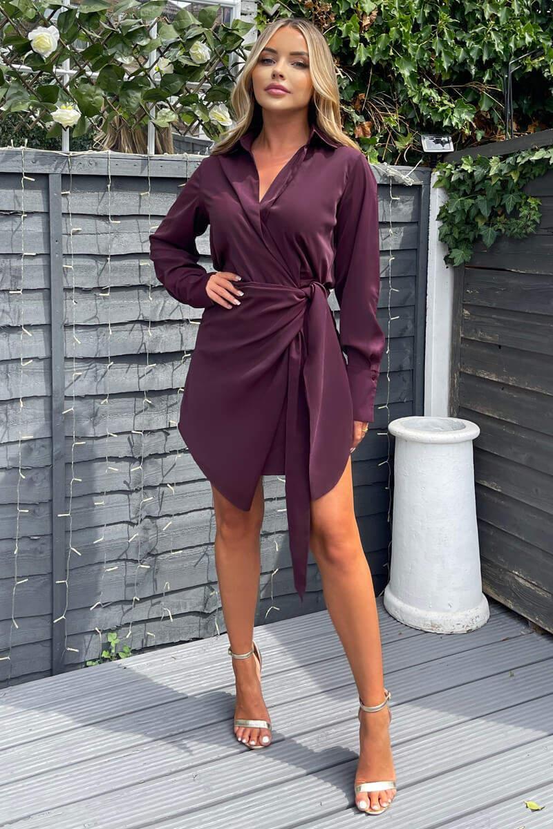Ax Paris Plum Tie Wrap Long Sleeve Mini Dress