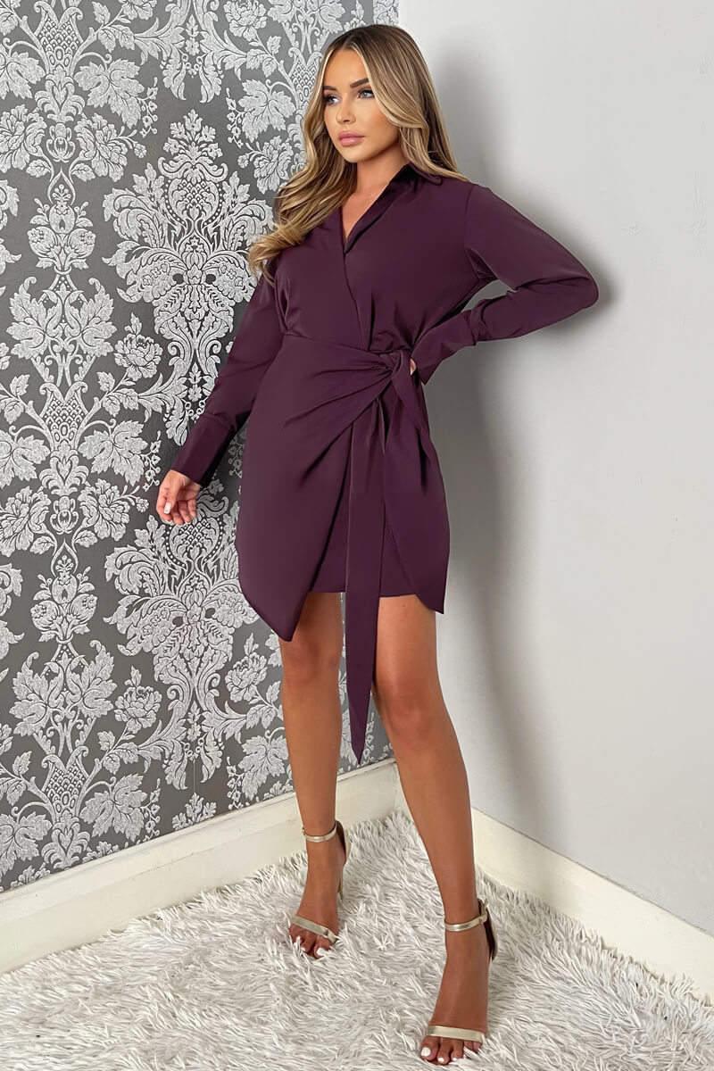 Ax Paris Plum Tie Wrap Long Sleeve Mini Dress