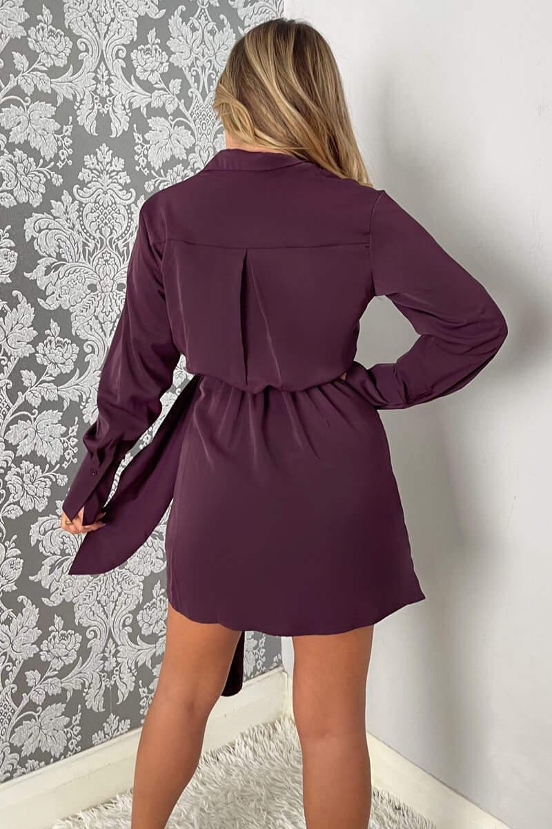 Ax Paris Plum Tie Wrap Long Sleeve Mini Dress