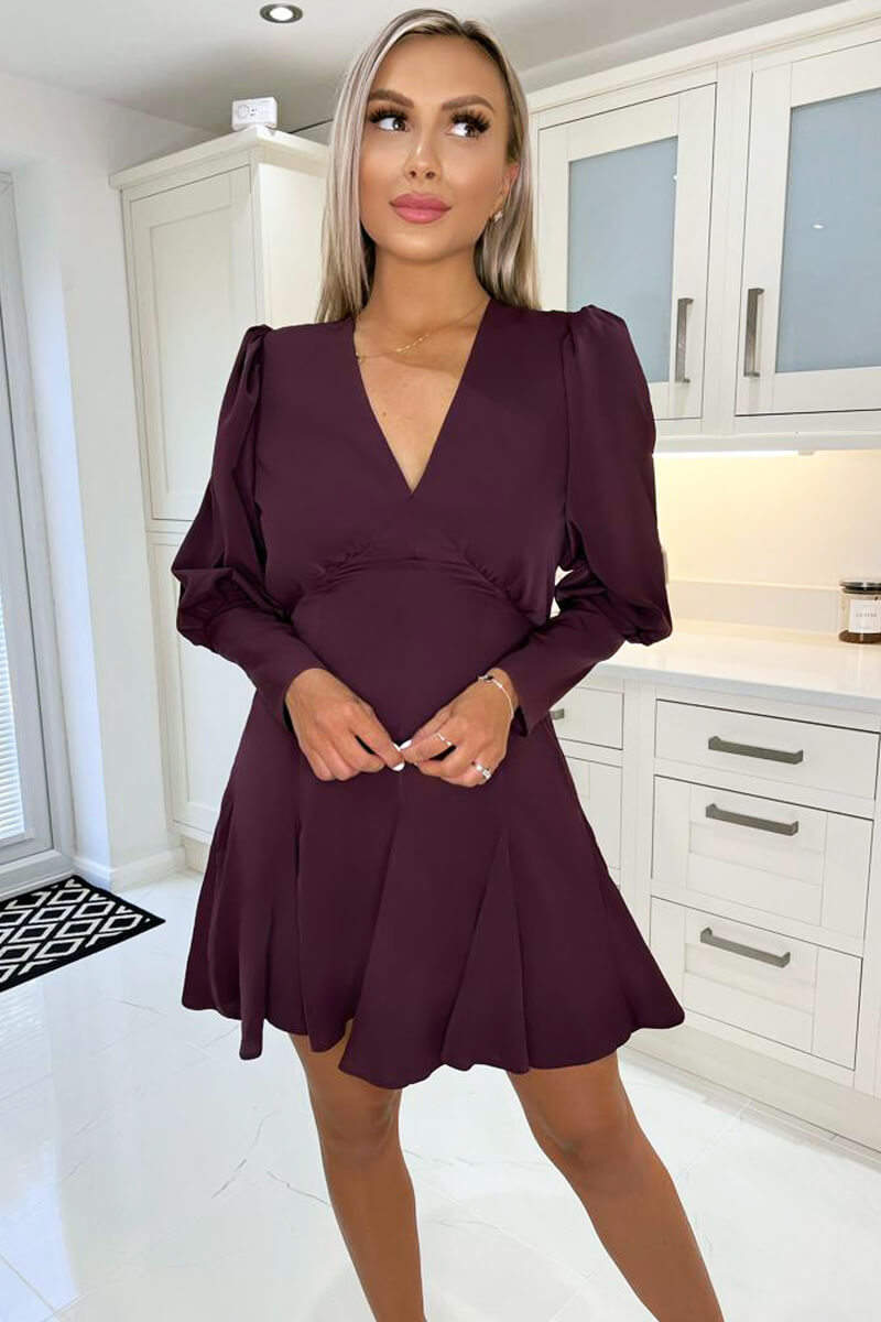 Ax Paris Plum V-Neck Long Sleeve Skater Dress