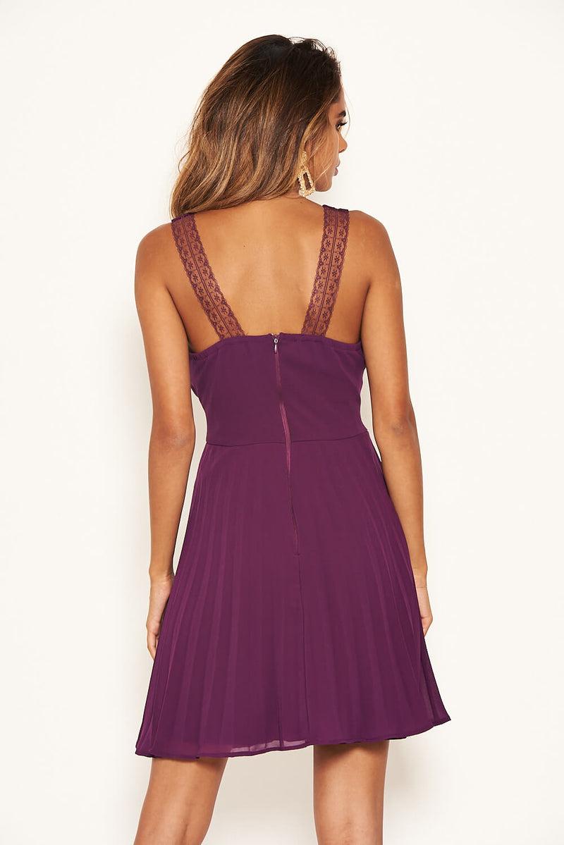 Ax Paris Plum V Neck Pleated Mini Dress