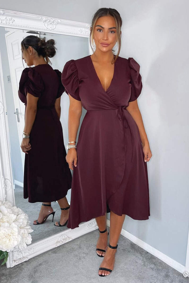 Ax Paris Plum Wrap Over Tie Midi Dress