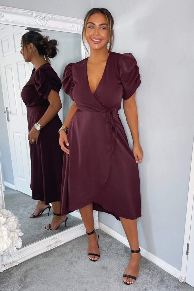 Ax Paris Plum Wrap Over Tie Midi Dress