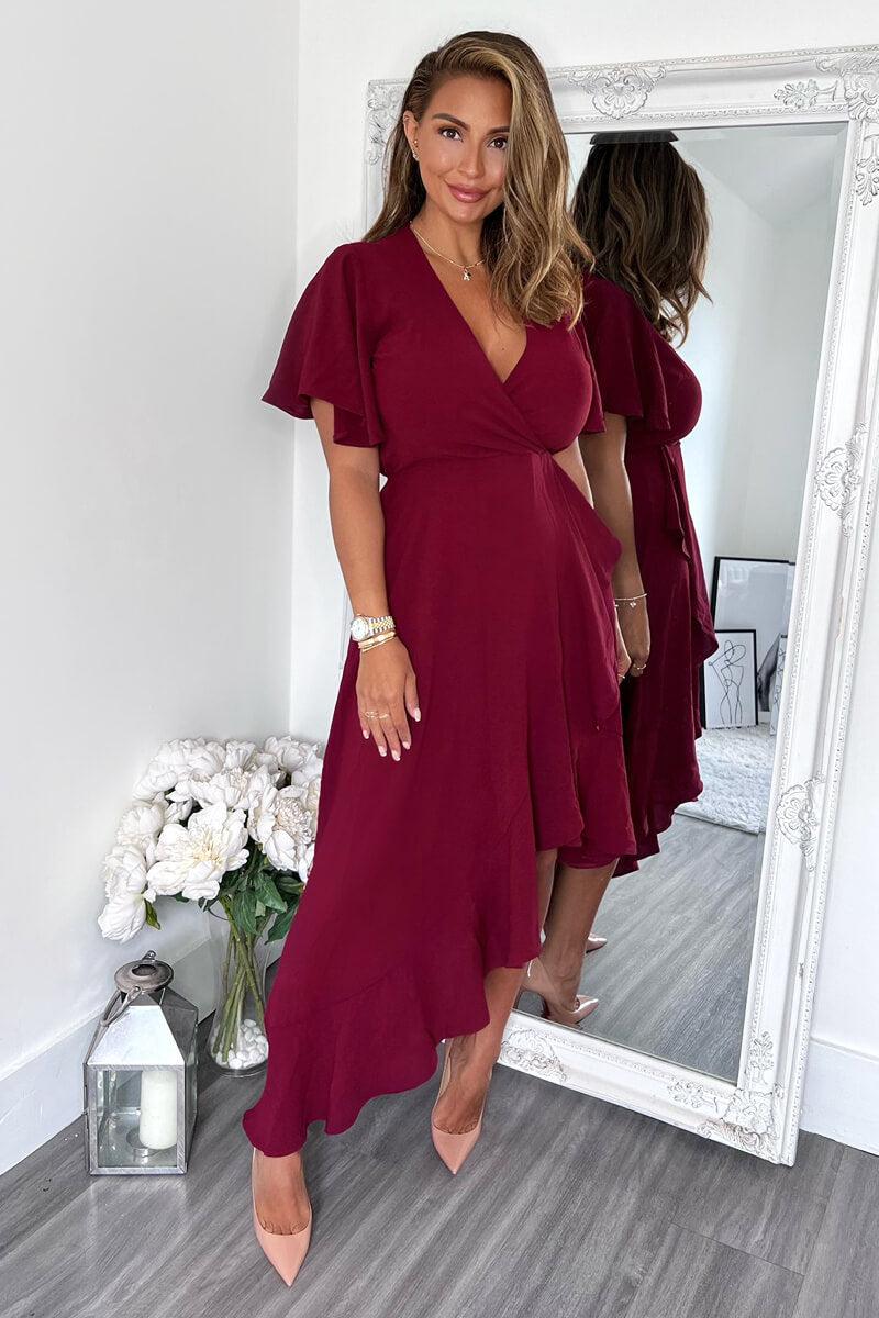 Ax Paris Plum Wrap Over Top Frill Hem Midi Dress