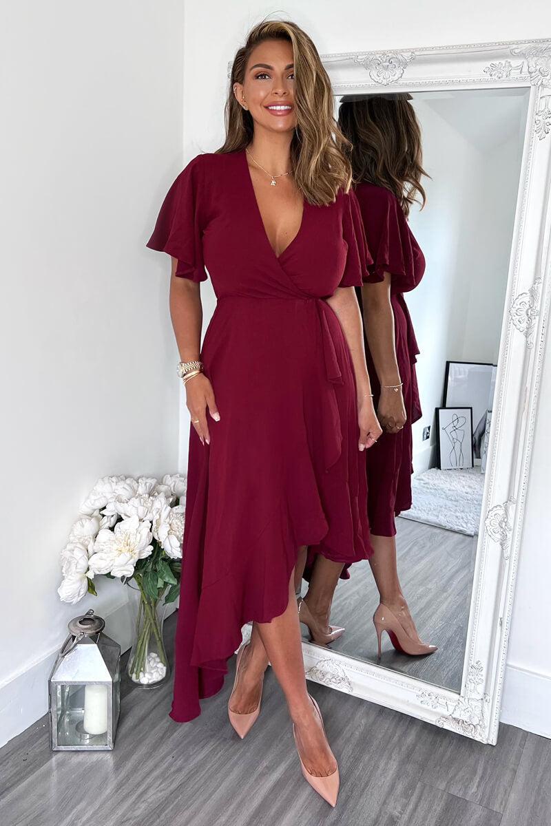 Ax Paris Plum Wrap Over Top Frill Hem Midi Dress