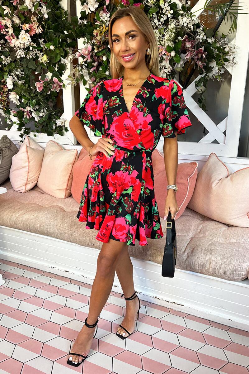 Ax Paris Red Floral Print Wrap Top Skater Dress