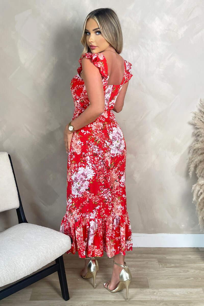 Ax Paris Red Floral Printed Frill Strap Midi Dress